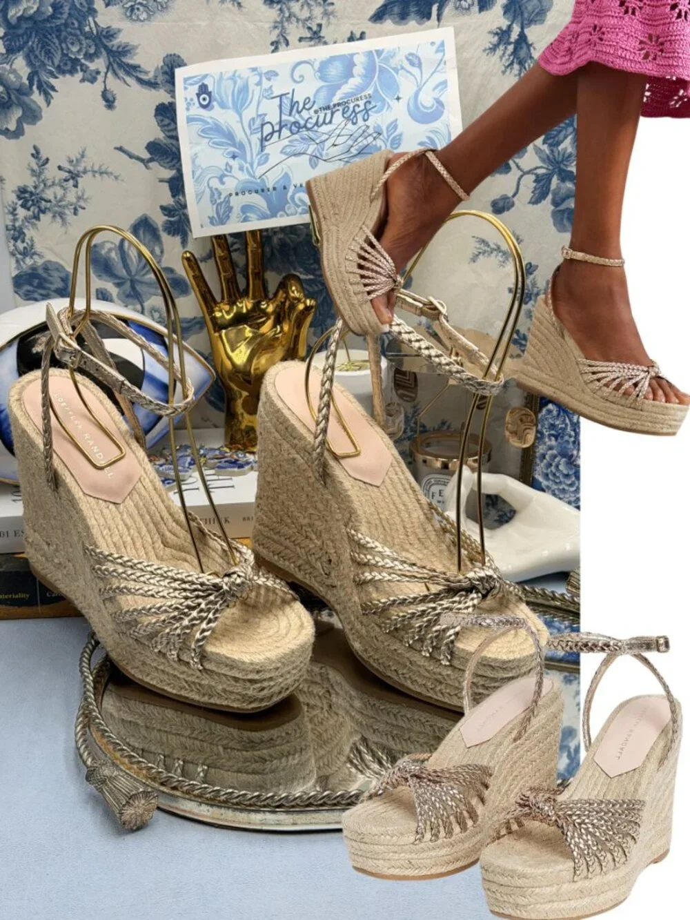 🆕 LOEFFLER RANDALL 🧿 NWOB Pamela Mignon Pale Gold Metallic Leather Wedge, Sz 7